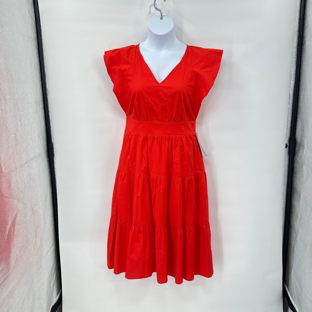New Romantic Red Midi Dress‎ 10 Tiered Flutter Sleeves Fit Flare Feminine Flowy